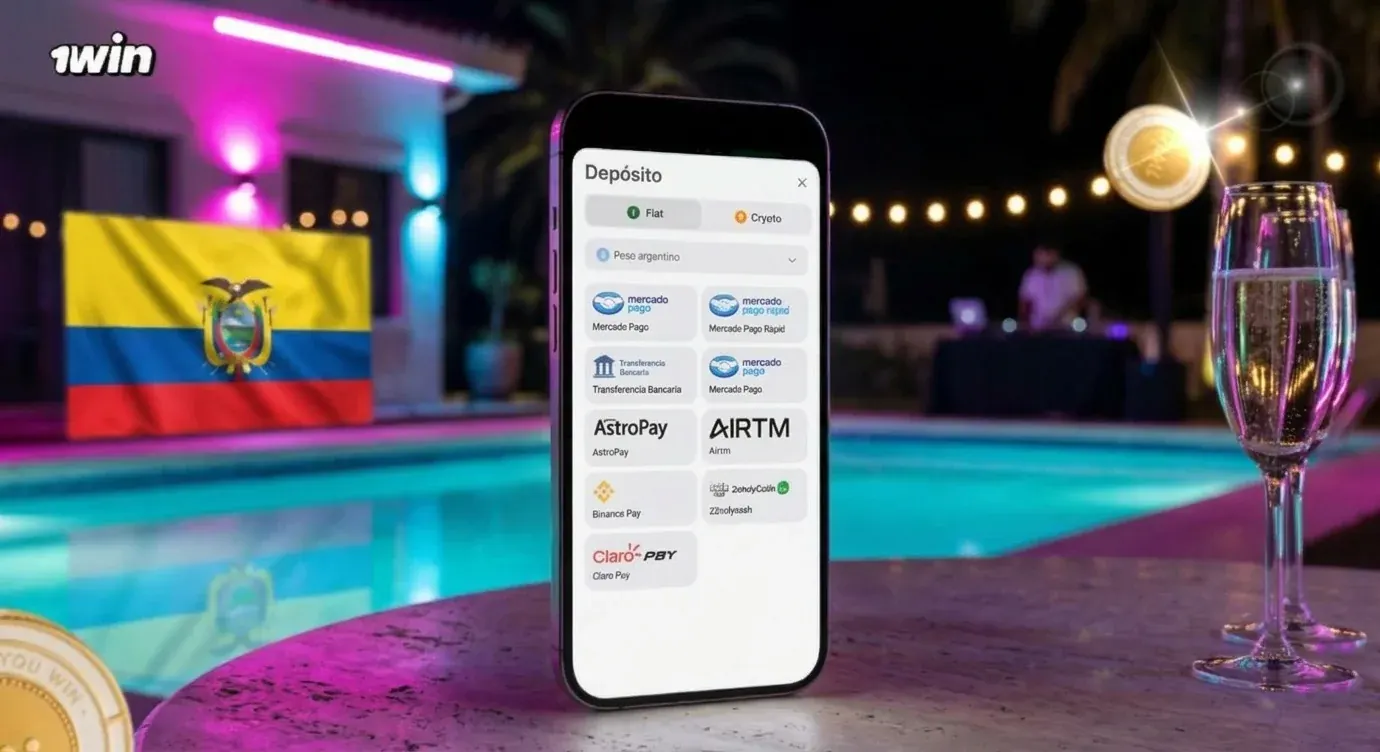 Celular con la pantalla de depósito de 1win junto a una piscina iluminada de noche y la bandera de Ecuador